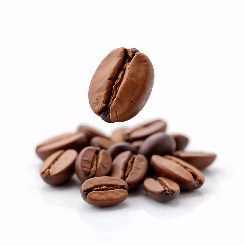 Single floating coffee bean over roasted beans on white background