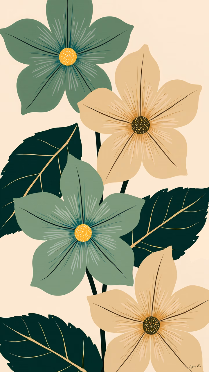 Vibrant floral illustration with detailed petals and lush green leaves on a beige background.