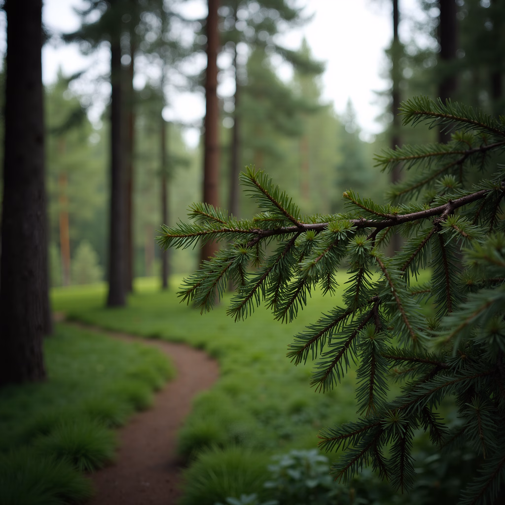 A tranquil forest path surrounded by lush greenery and towering trees.