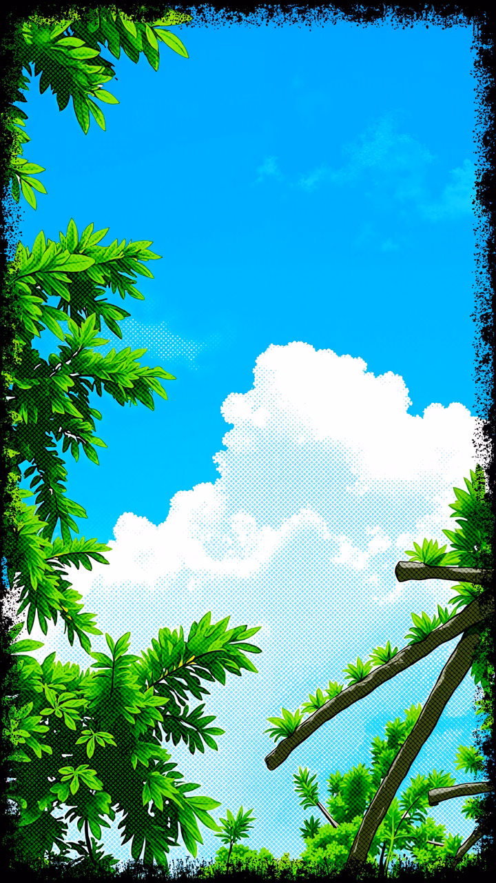 A tranquil forest scene with halftone textures and a bright sky.