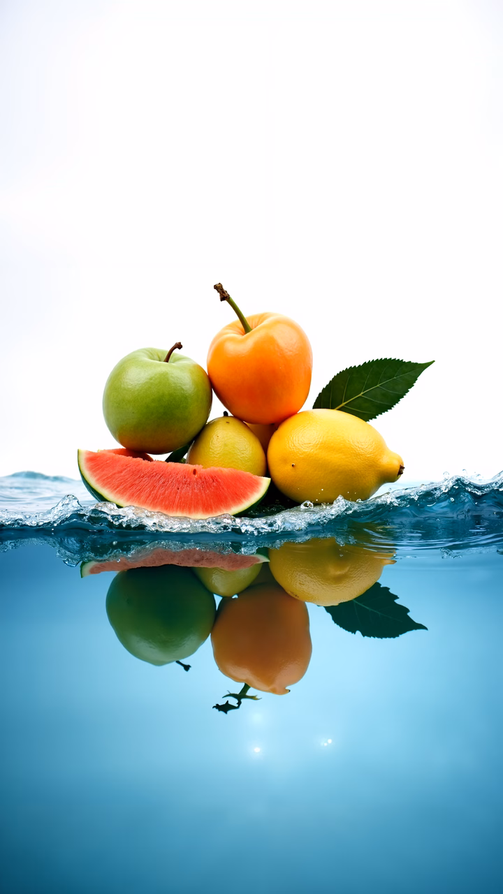 Fresh fruits floating in clear blue water, capturing their natural beauty and freshness.