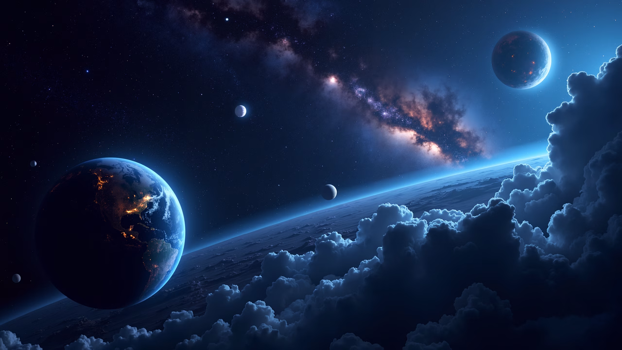 A stunning cosmic vista from Earth’s horizon, blending earthy tones with the infinite darkness of space.