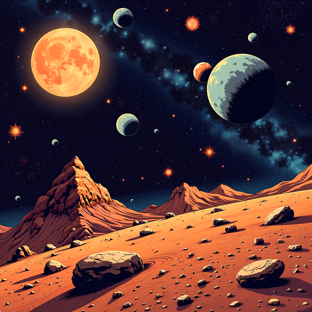 A fantastical Martian landscape under a starlit sky, blending warmth and mystery.