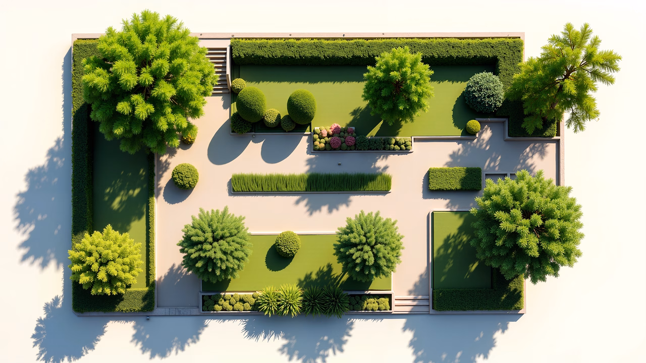 A beautifully designed garden layout with lush greenery and pathways.