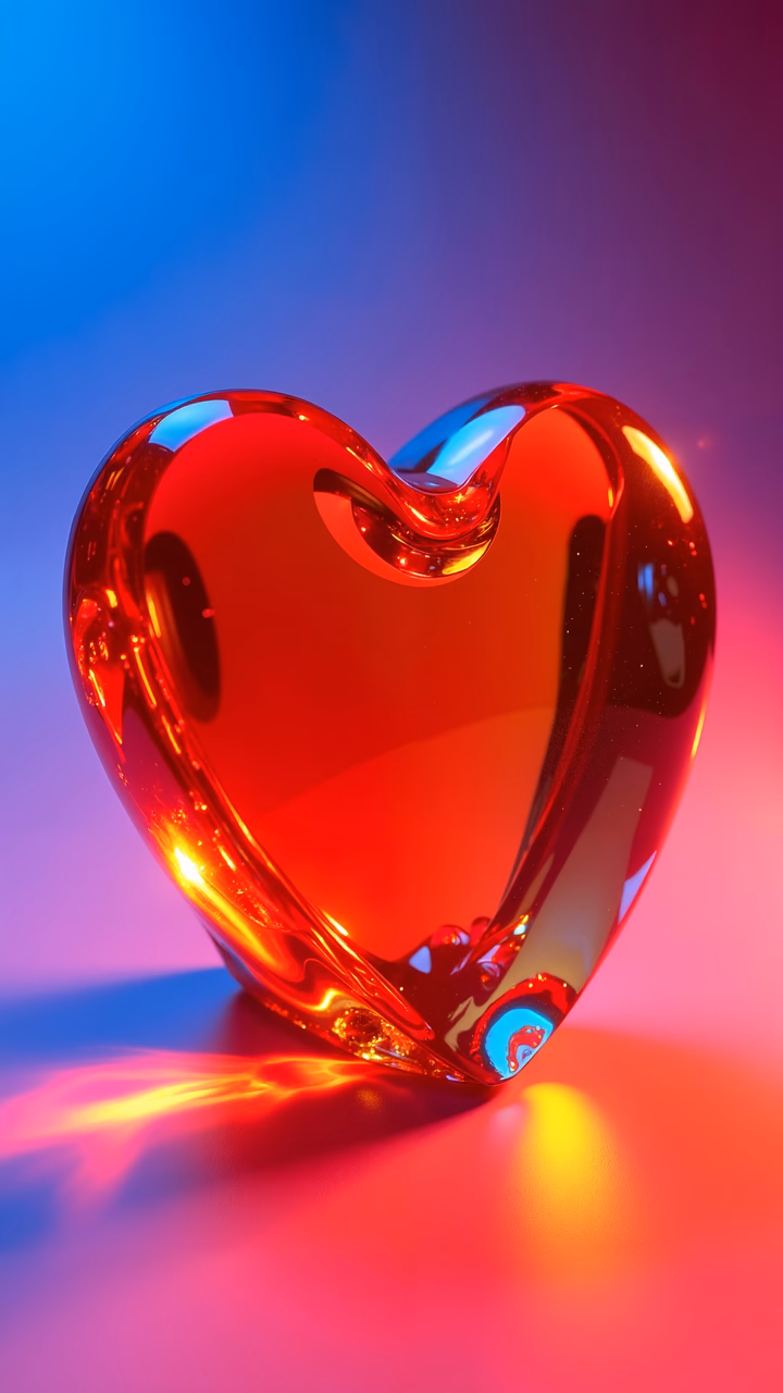 Glossy glass heart against colorful gradient backdrop