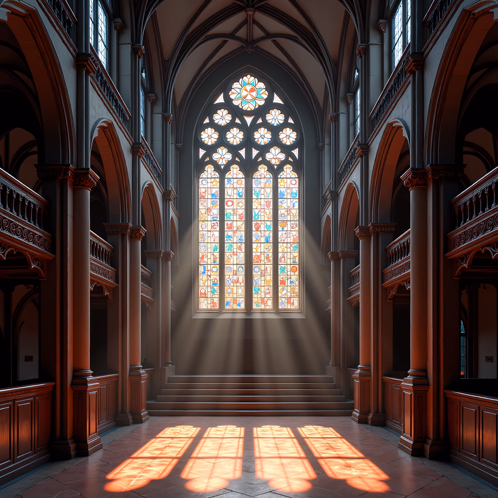 A serene Gothic cathedral interior with intricate architecture and vibrant stained glass.