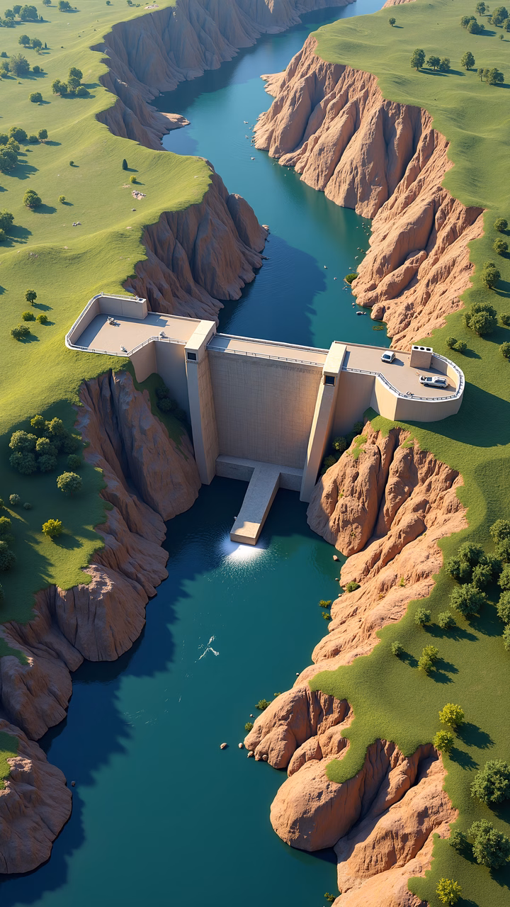 Grand Canyon Dam, serene landscape, human engineering, natural beauty, vibrant colors