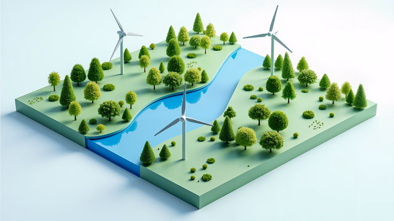 A peaceful illustration of green energy and sustainable living.