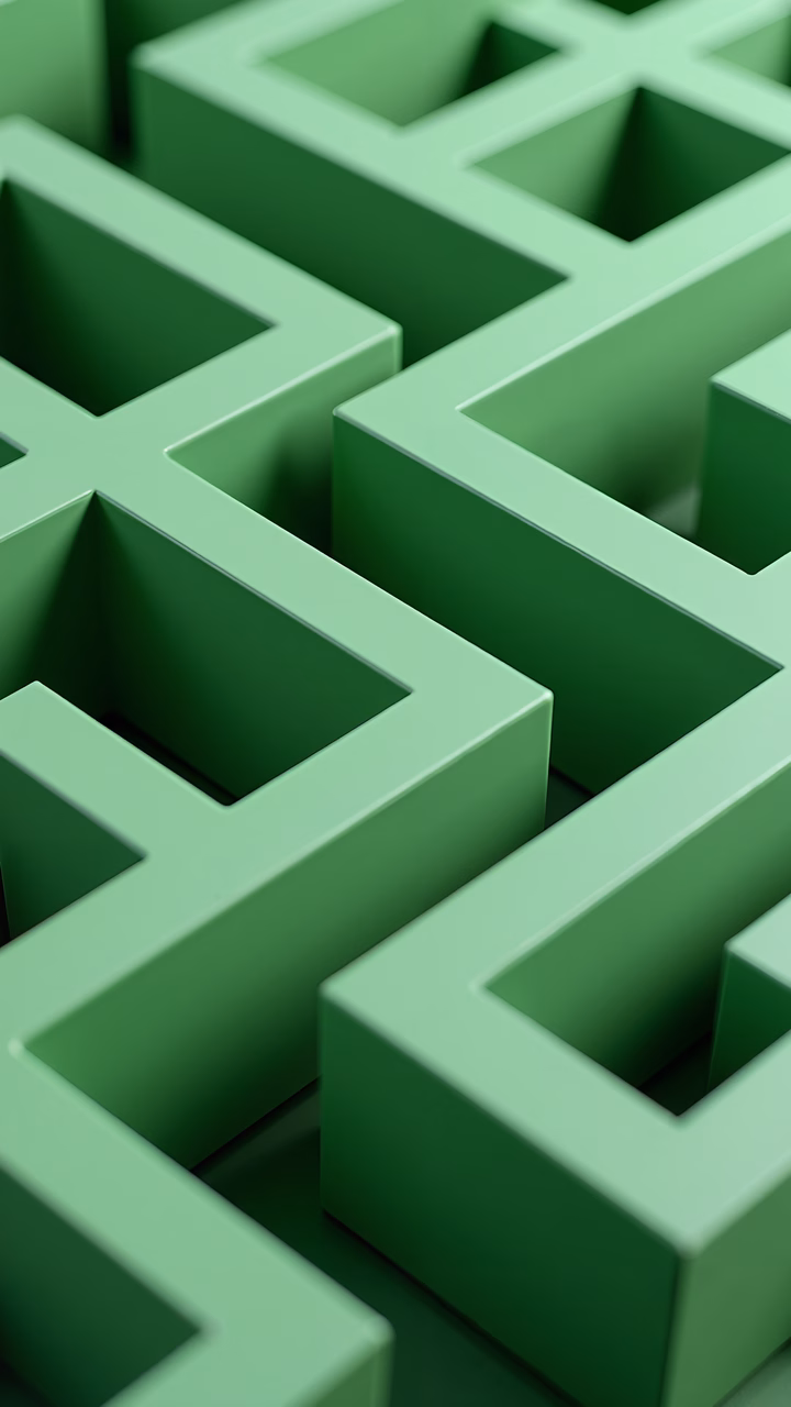 Monochromatic green maze illustration, abstract art, geometric patterns, contemplative atmosphere