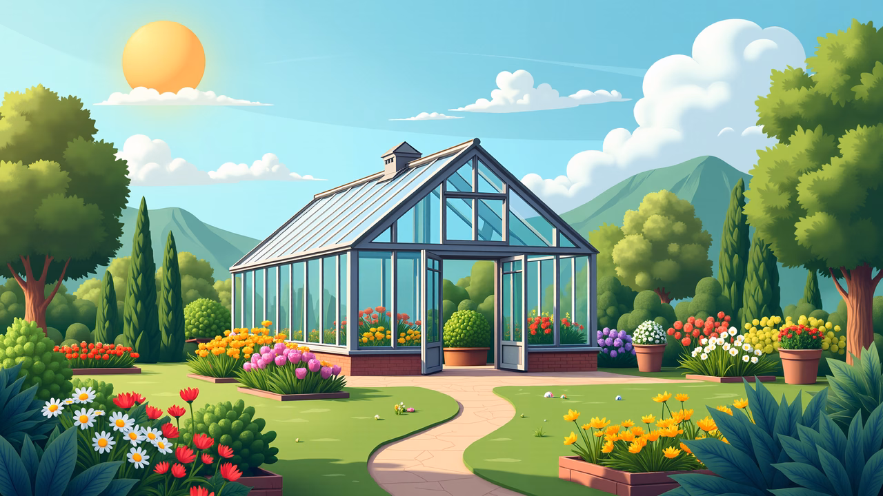 A peaceful greenhouse surrounded by colorful flowers and greenery under a sunny sky.