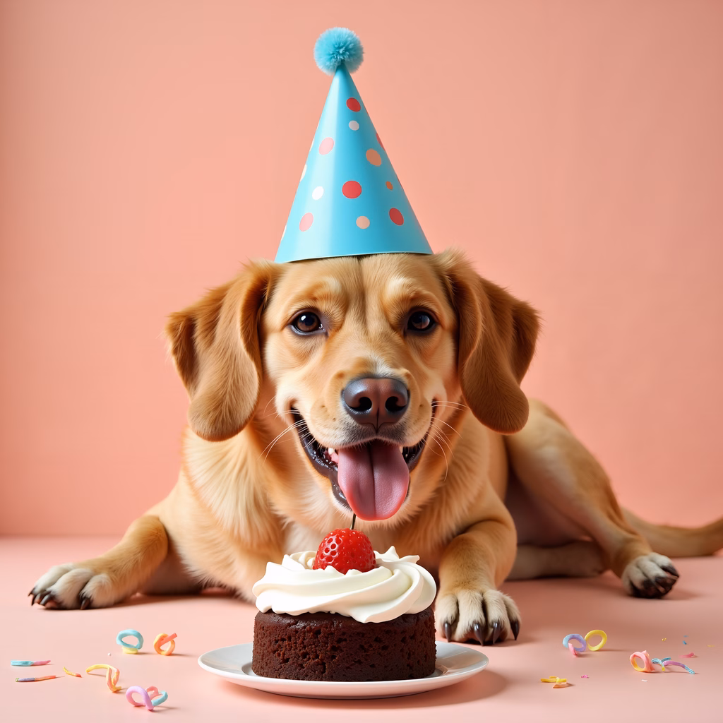Golden retriever celebrating birthday with cake and party hat.