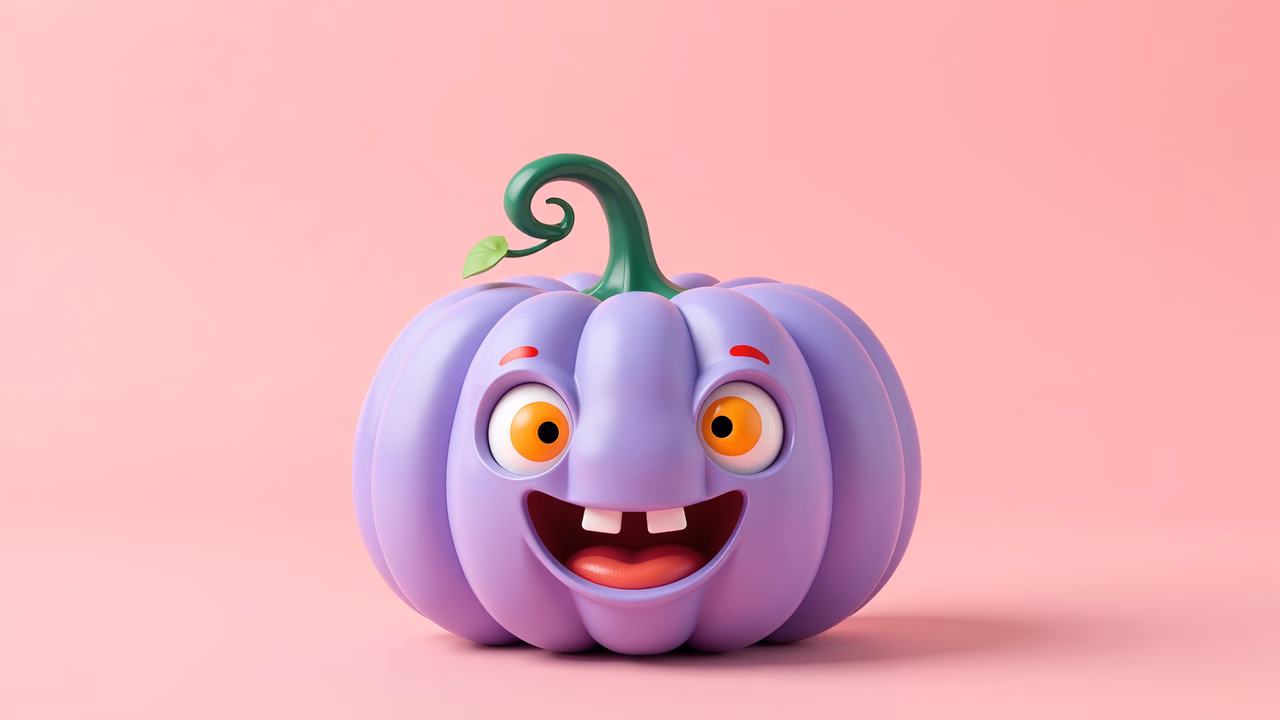 A cute purple pumpkin with a big smile, perfect for Halloween!