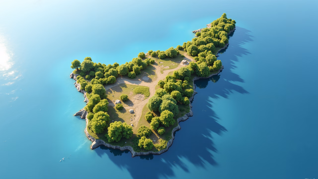 A serene heart-shaped island amidst vibrant turquoise waters, symbolizing love and nature.