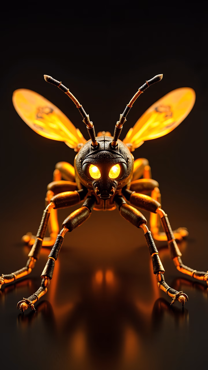 Close-up of glowing honey bee with intense yellow wings on a dark background.