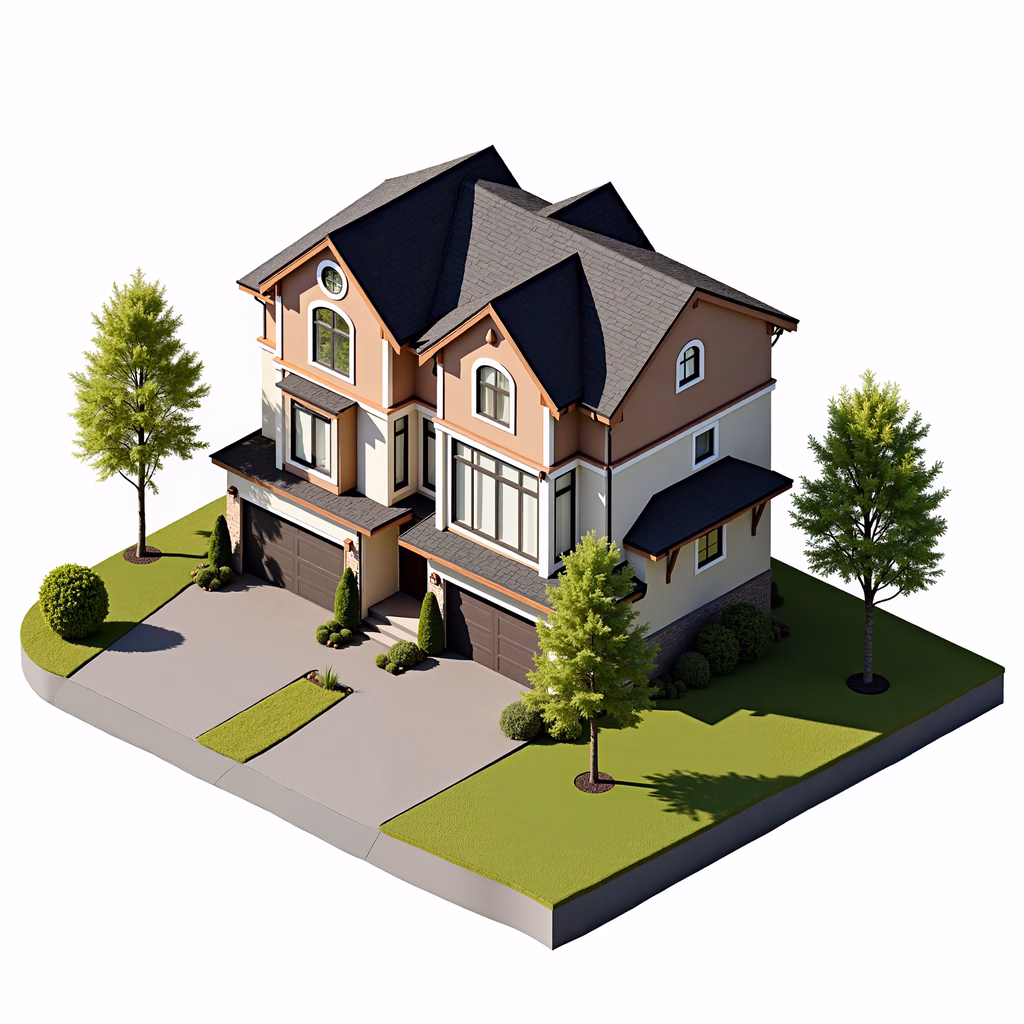 A detailed illustration of a suburban home with a two-story design and a neat front yard.