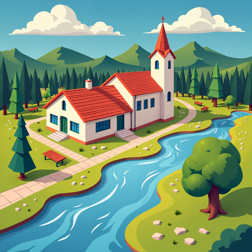 Idyllic village scene with two houses and a winding river.