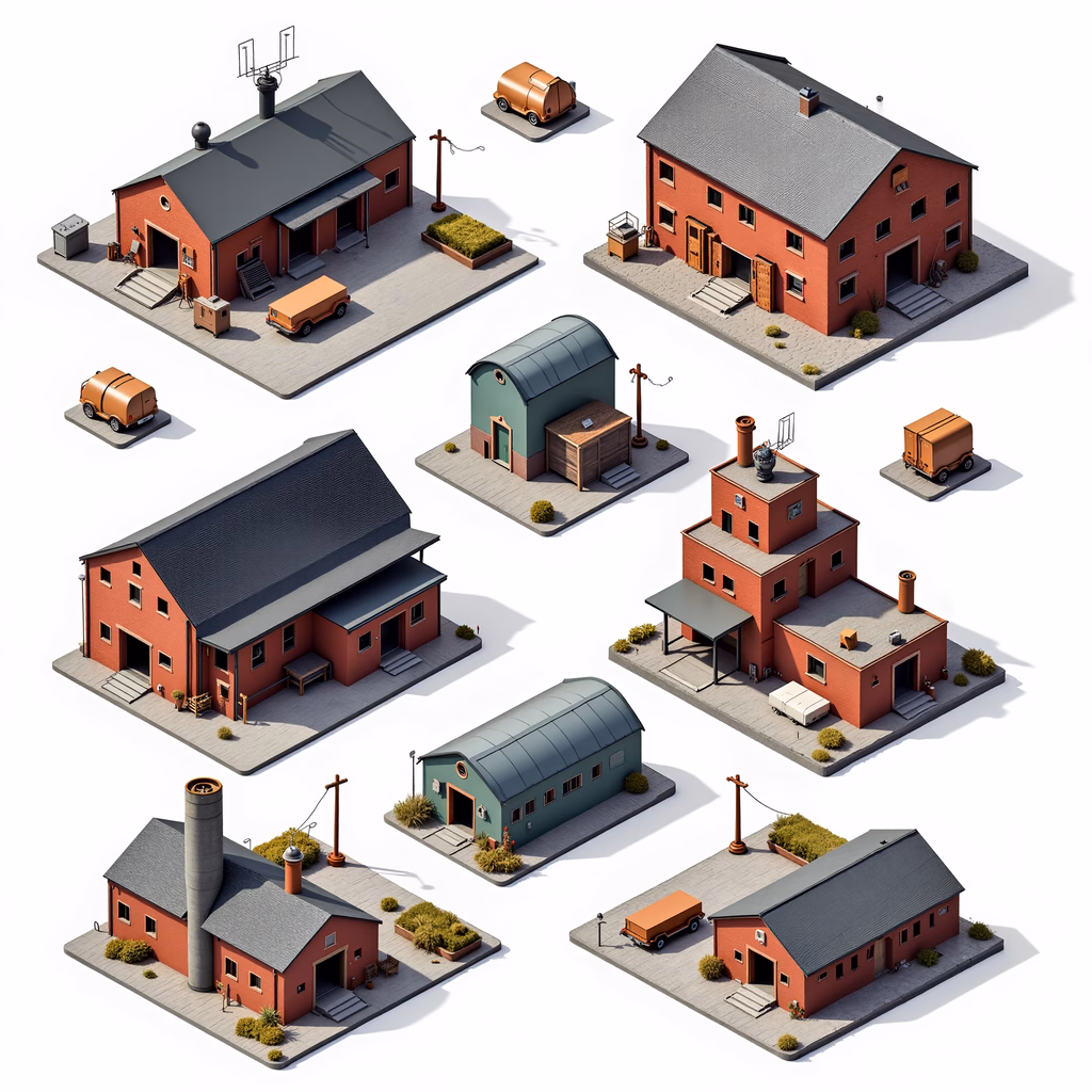 Illustrated industrial buildings with red and green tones, modern design, neutral setting.