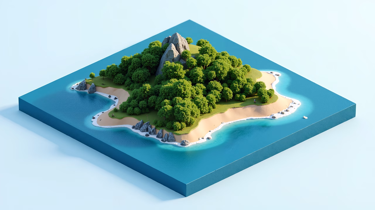 A tranquil island scene with lush greenery and sandy beaches.