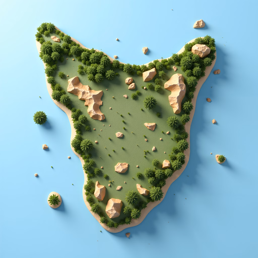 A peaceful island scene with vibrant greens and pale blues, perfect for nature enthusiasts.