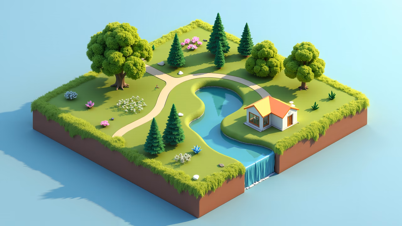 A picturesque island with lush greenery and a tranquil pond, perfect for relaxation and inspiration.