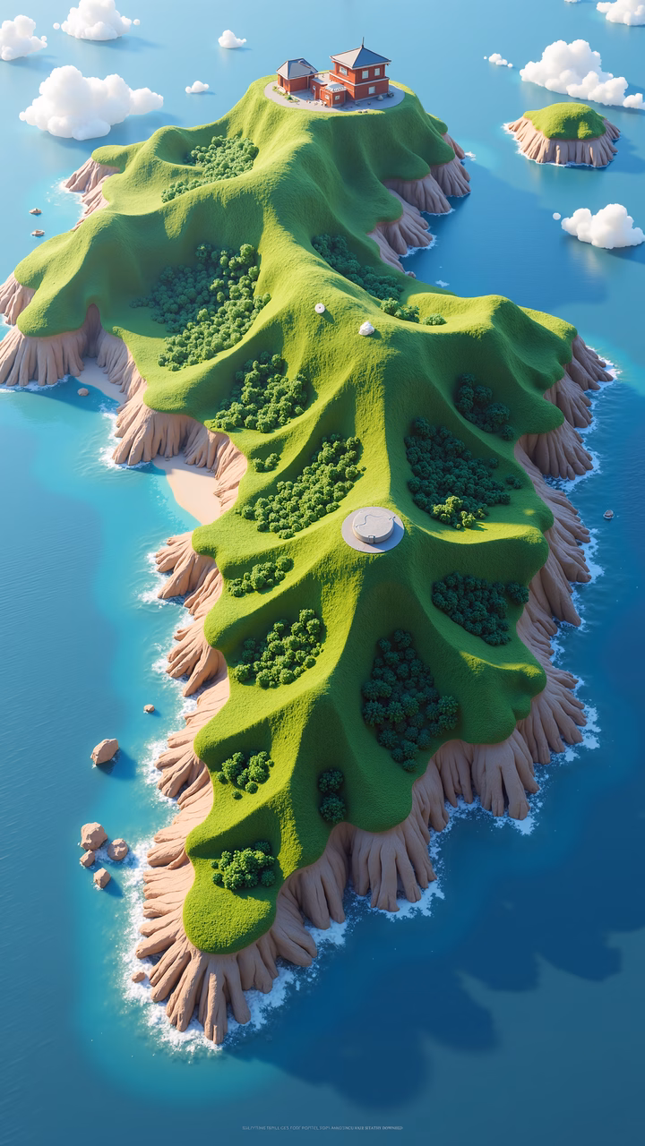 A tranquil island paradise with lush greenery and a quaint red house.