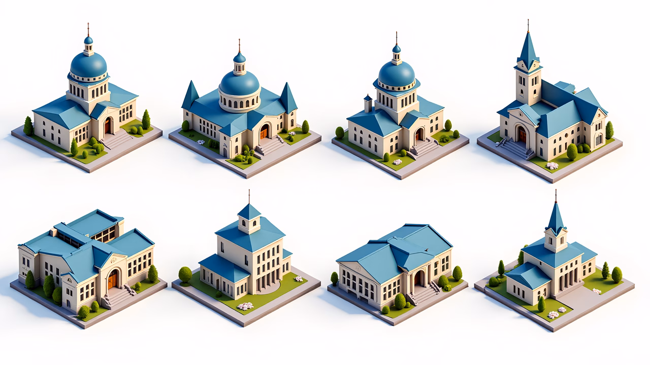 Detailed isometric illustrations of various church designs with serene blue and white color palettes.