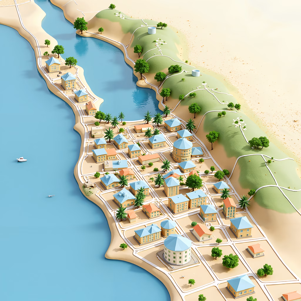 A charming isometric coastal village with colorful houses and lush greenery.