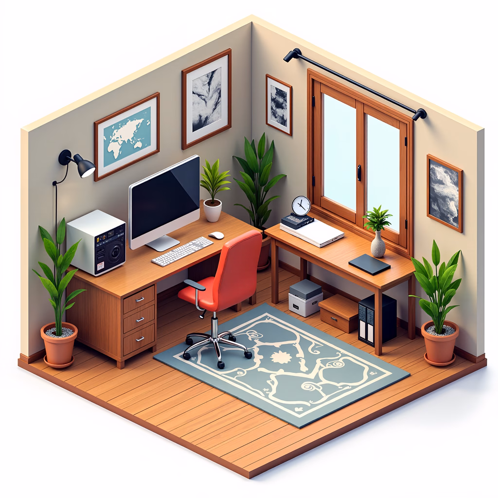 Cozy home office with wooden furniture and greenery, perfect for productivity and relaxation.