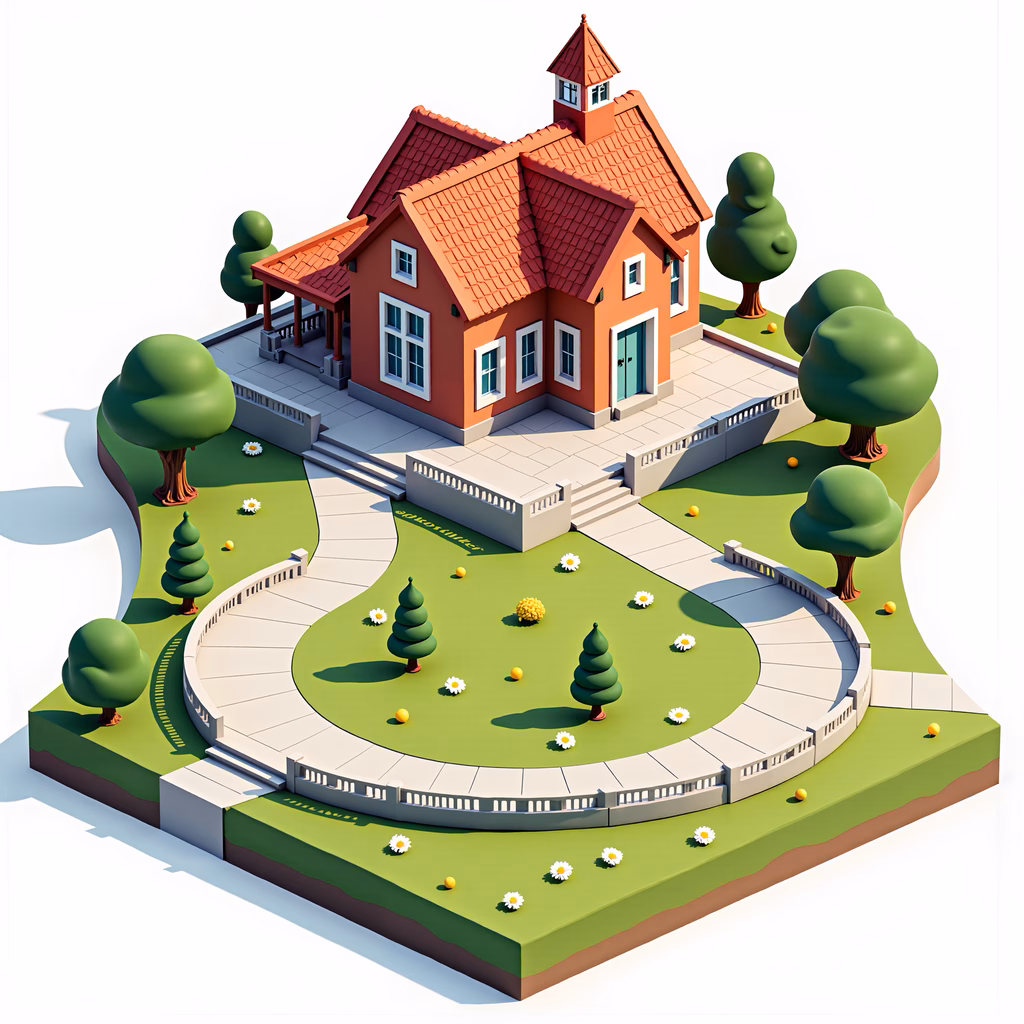 A colorful, symmetrical isometric illustration of a house with a vibrant orange roof and teal door, set in a serene garden.