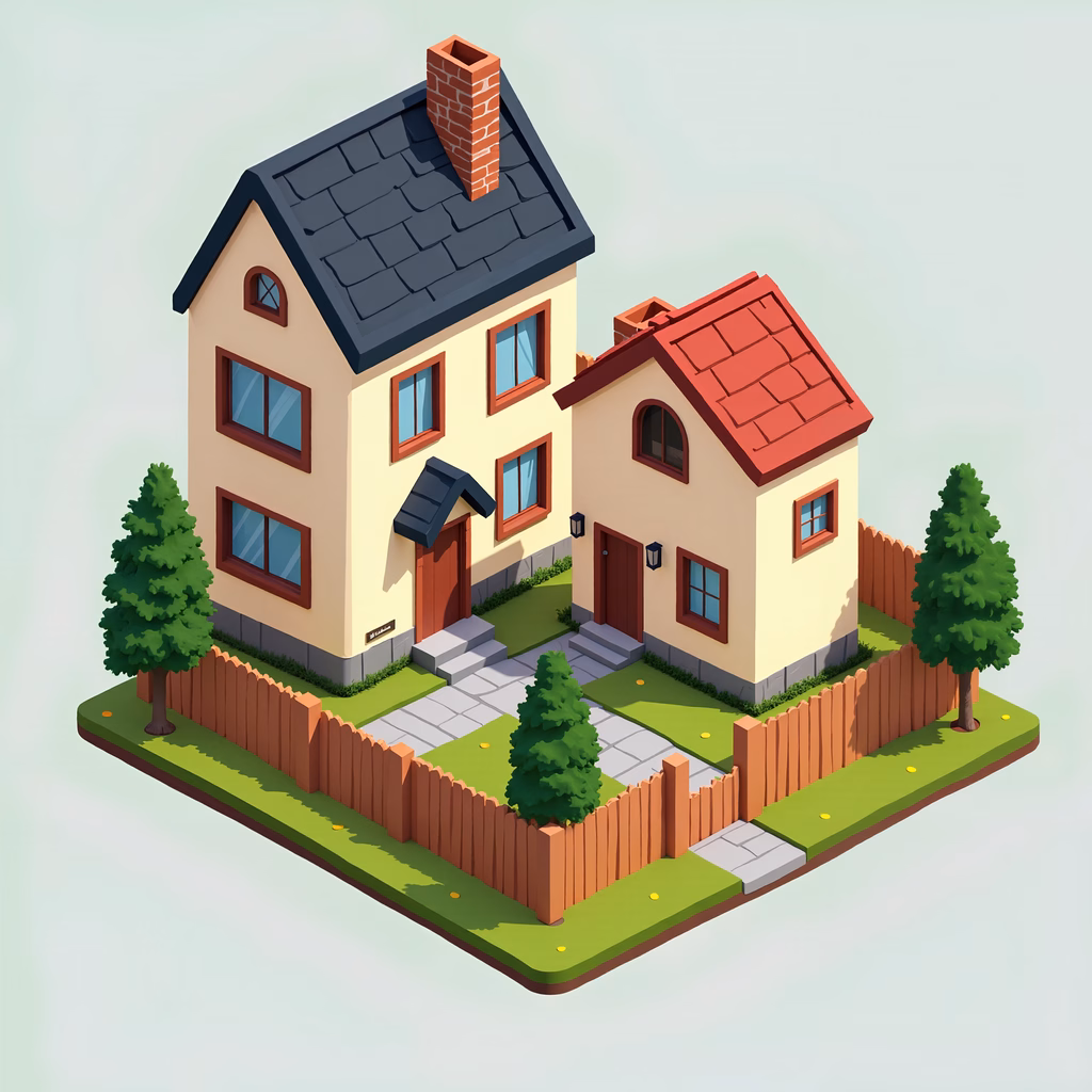 Two isometric houses with pastel colors and wooden fences in a serene suburban setting.