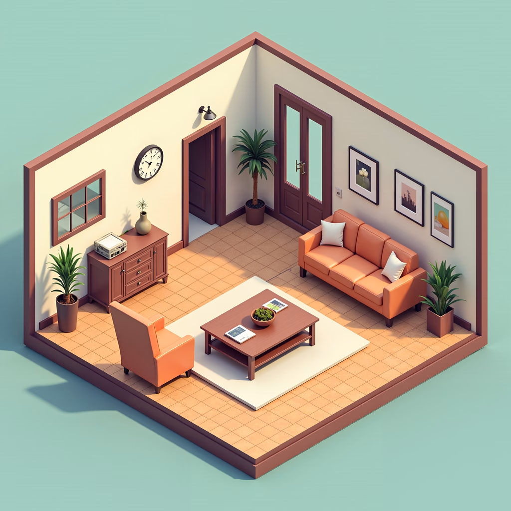 Warm, inviting, isometric interior design with orange furniture and terracotta flooring.