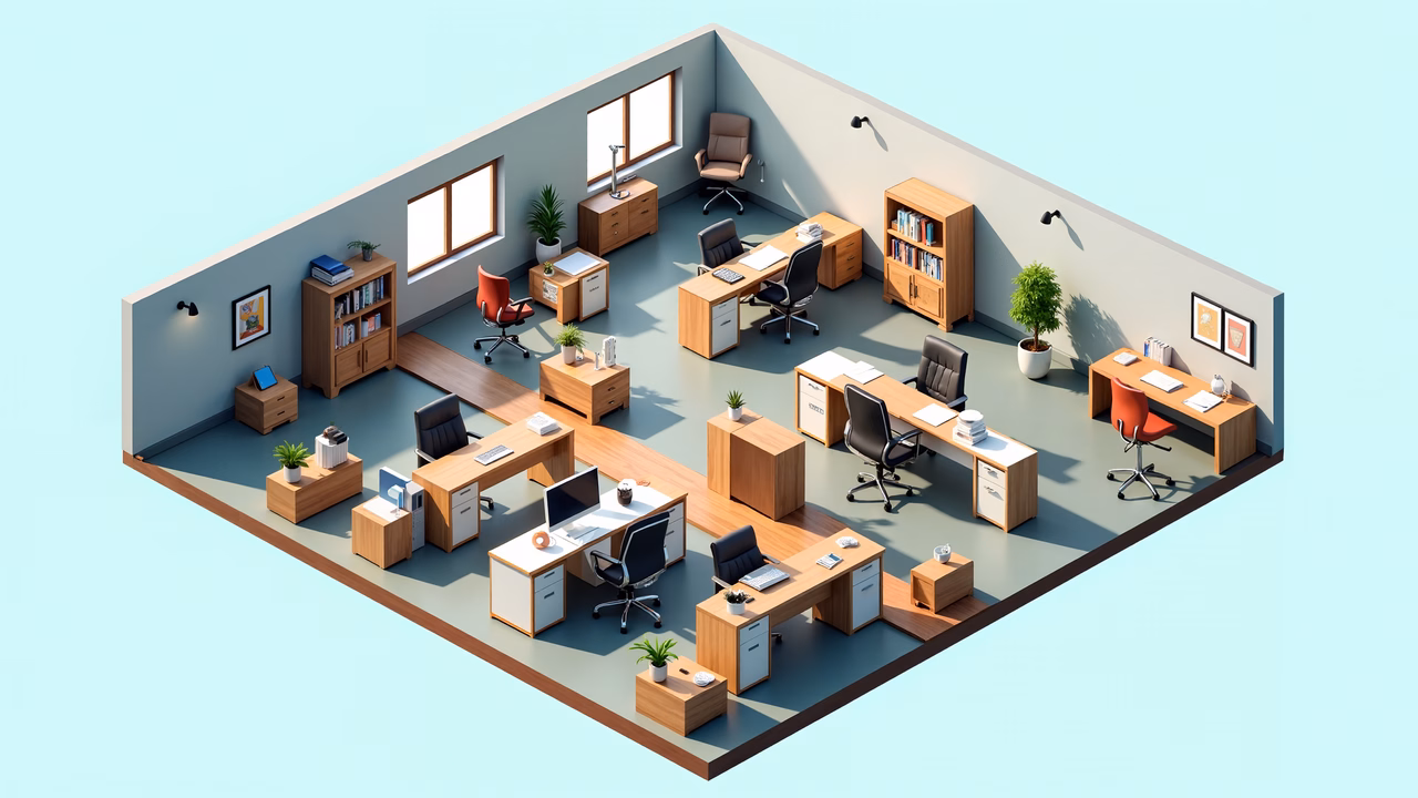 Modern isometric office design with wooden furniture and natural light.