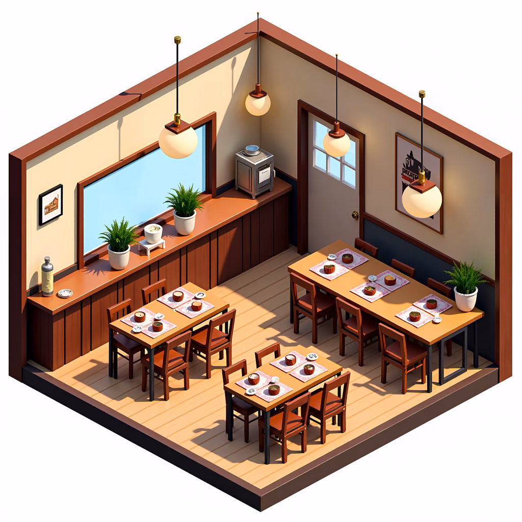 A charming isometric view of a restaurant interior with wooden furniture and warm lighting.