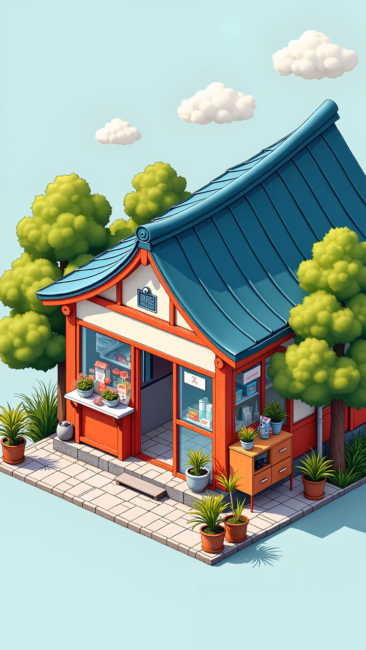 A charming Japanese shop with traditional colors and lush greenery.
