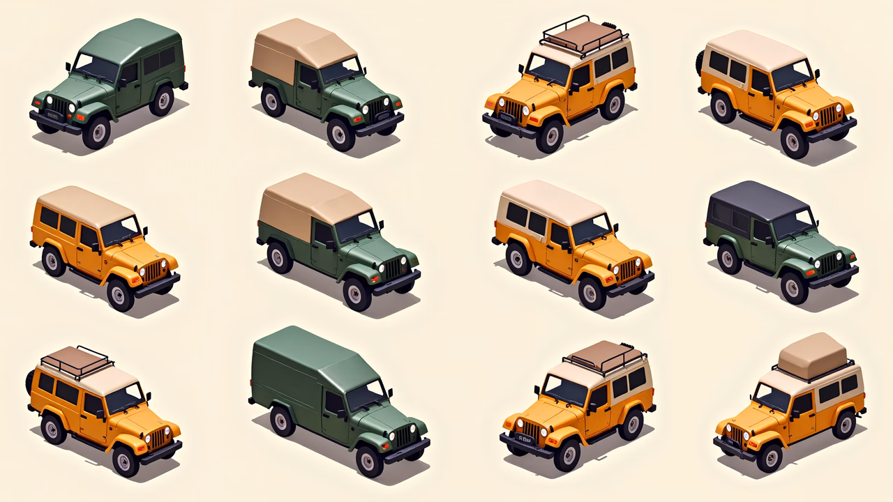 Isometric Jeep Collection in Muted Greens and Yellows