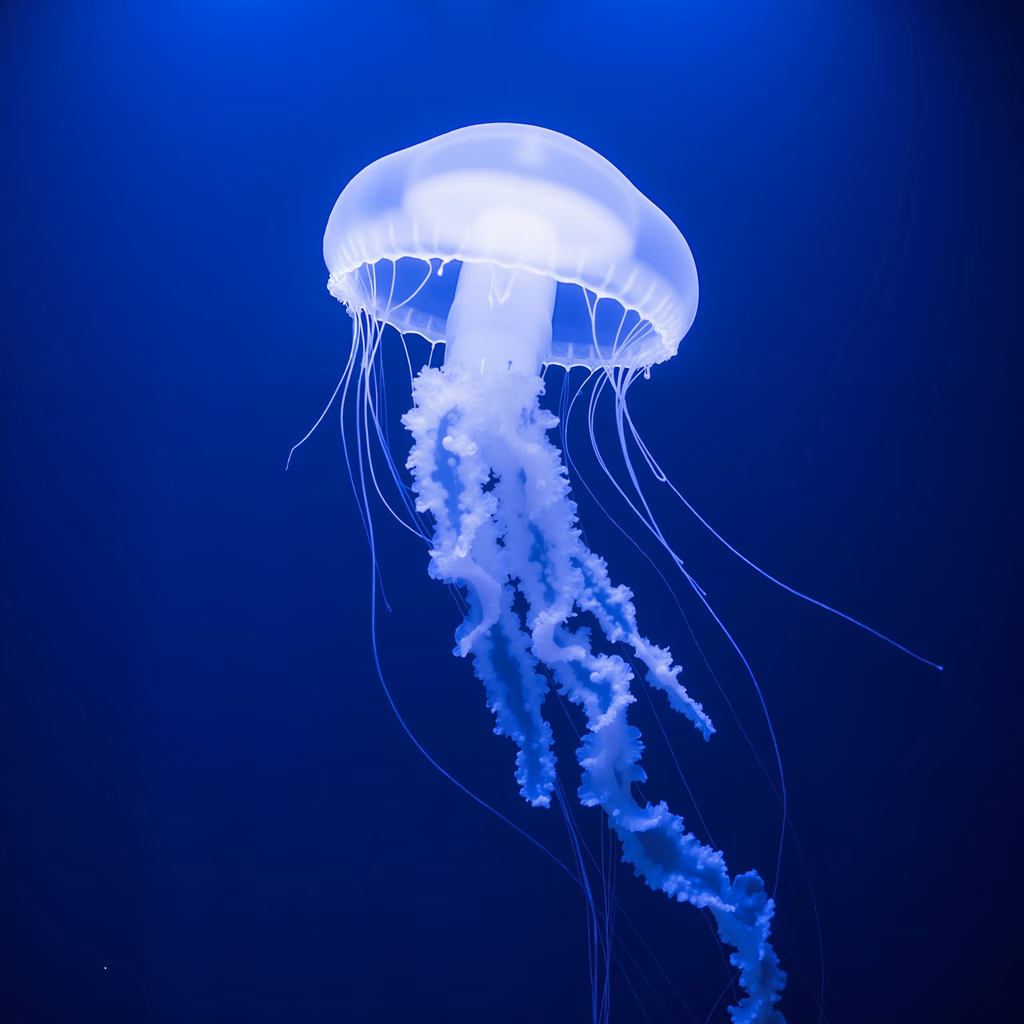 A glowing jellyfish in a deep blue ocean, symbolizing serenity and natural beauty.