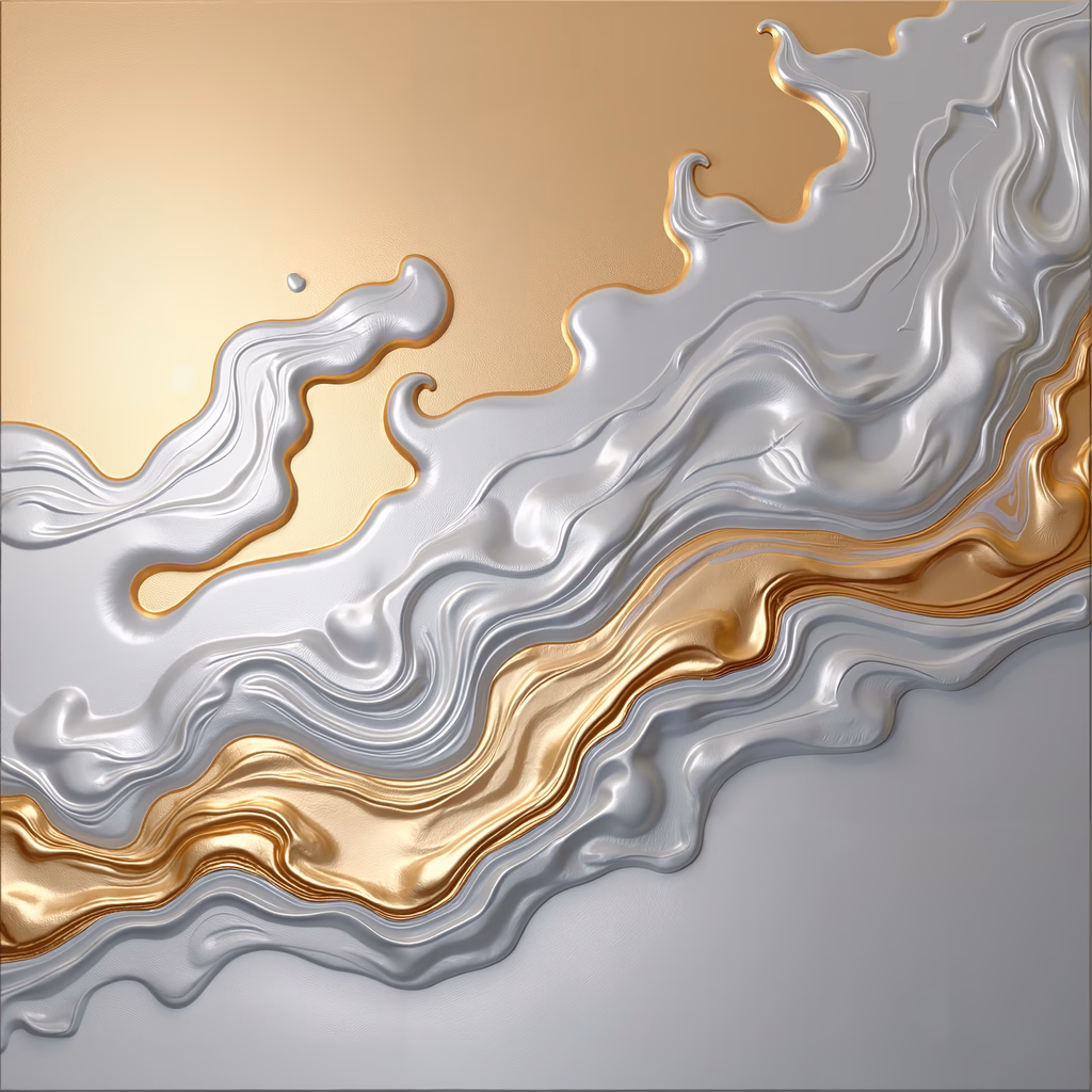 Abstract metallic swirls in gold and silver, fluid motion, abstract art