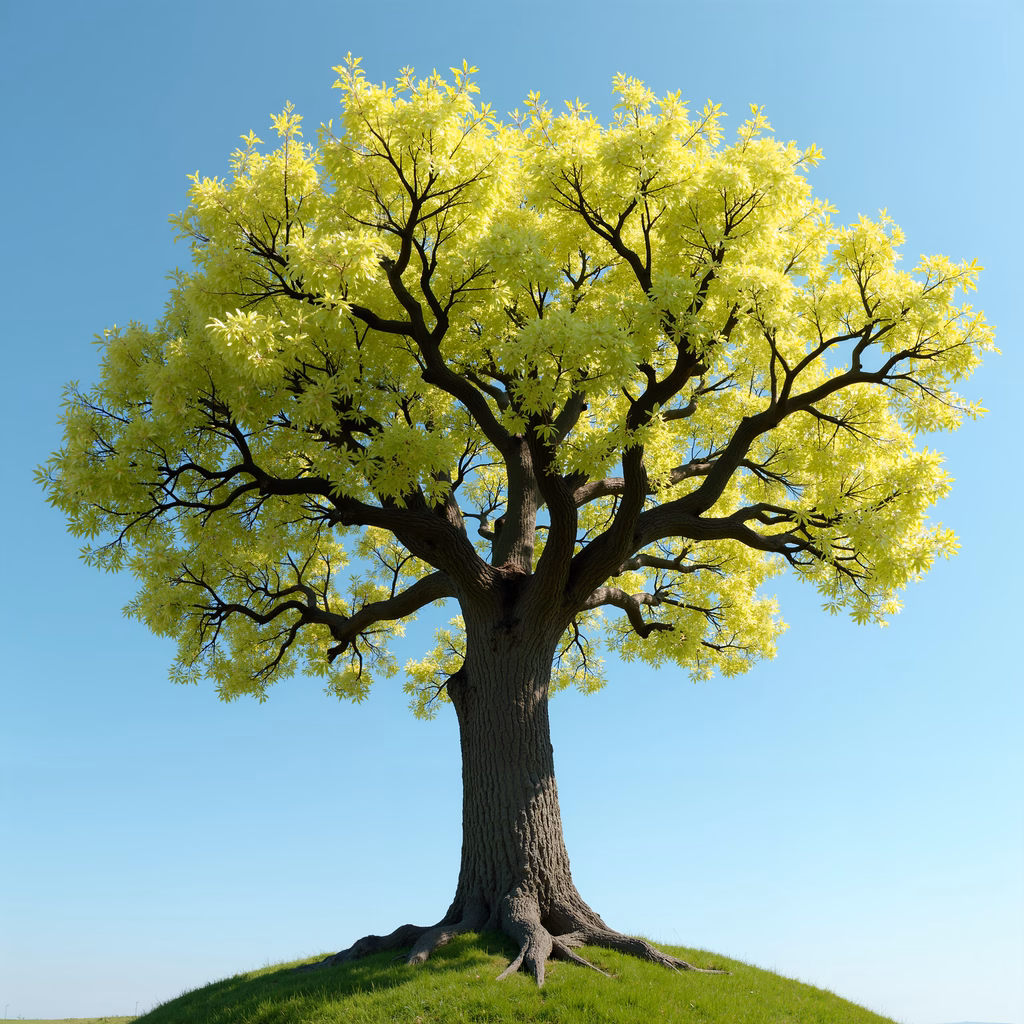 A serene depiction of a lone tree in vibrant green against a clear blue sky.