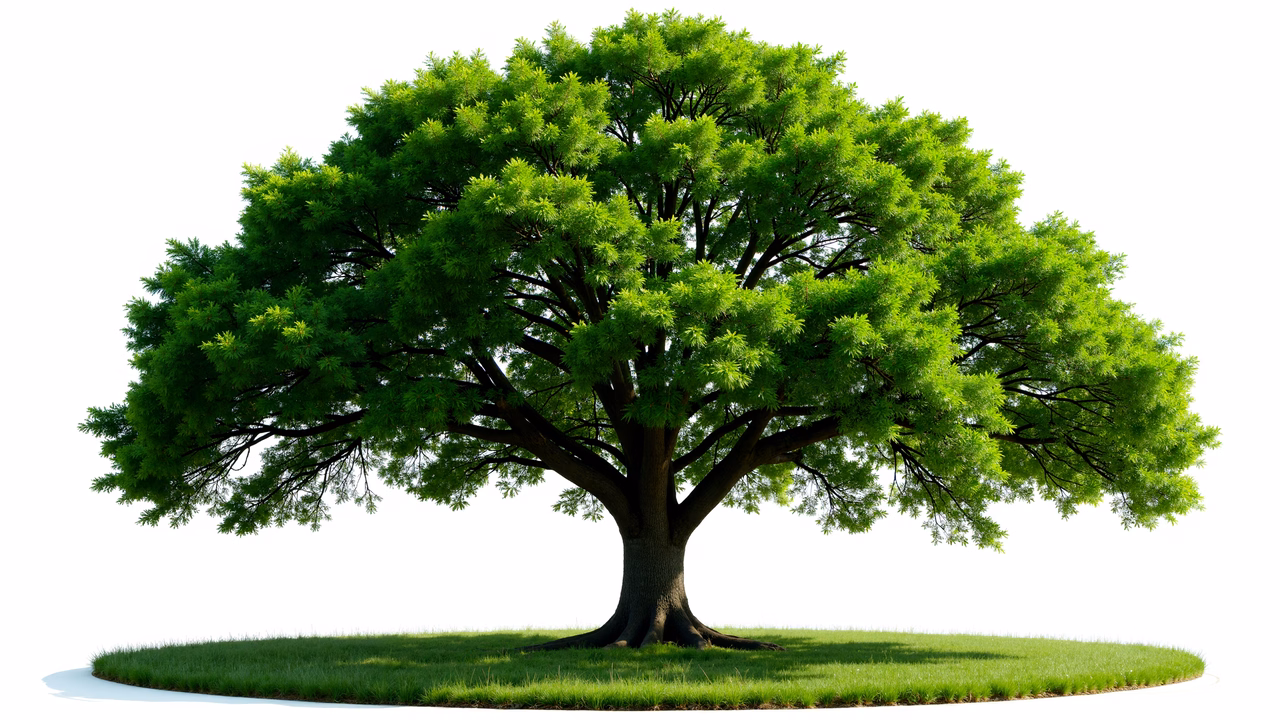 Detailed illustration of a lush green tree on a small grass patch, evoking serenity and nature.