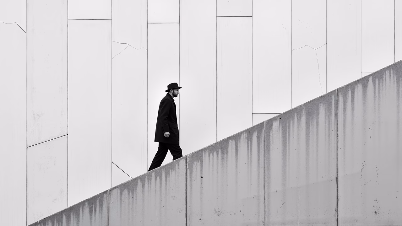 Solitary figure walking on a concrete wall in black and white.