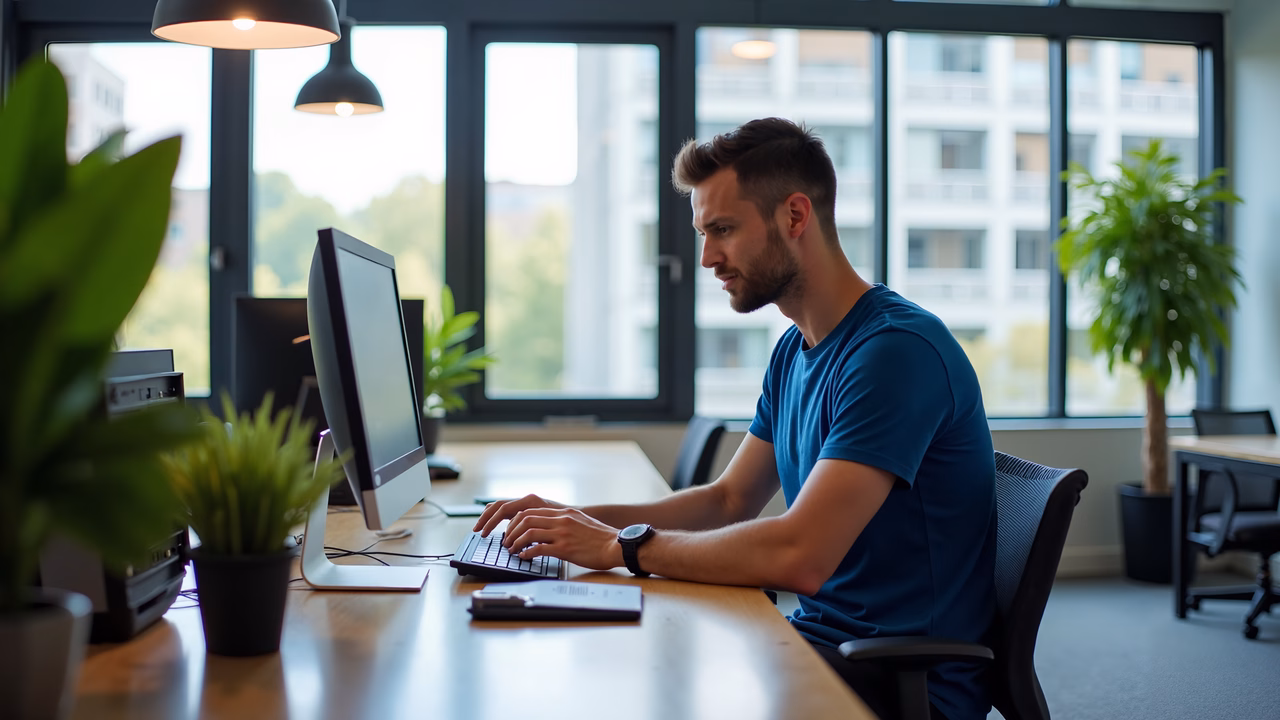 Focused individual working in a modern, well-lit office.