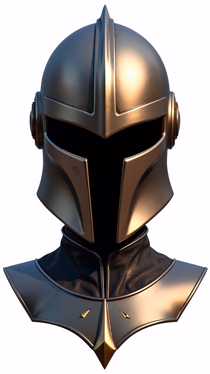 Detailed illustration of a Mandalorian helmet in metallic gold and gray tones.