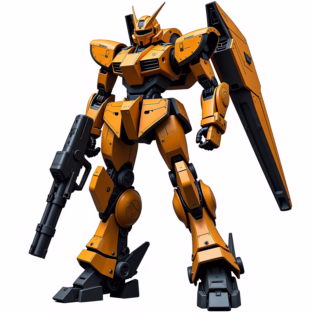 A detailed illustration of a mechanized warrior in orange and black, ready for battle.