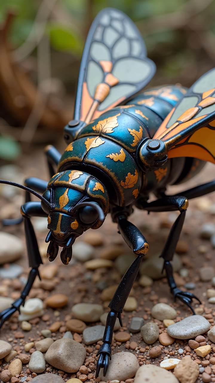 Detailed metallic cicada illustration with golden leaf patterns and translucent wings.