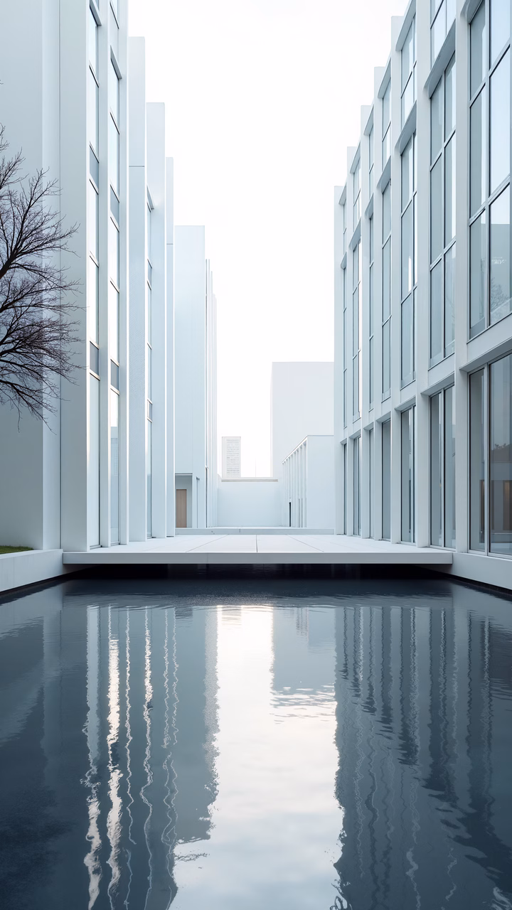 Modern architecture reflected in tranquil water, minimalist design, serene atmosphere