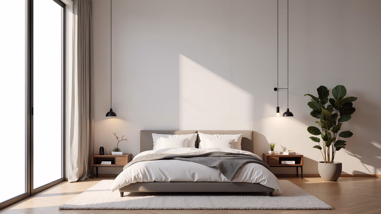 A peaceful minimalist bedroom with neutral tones and natural light.