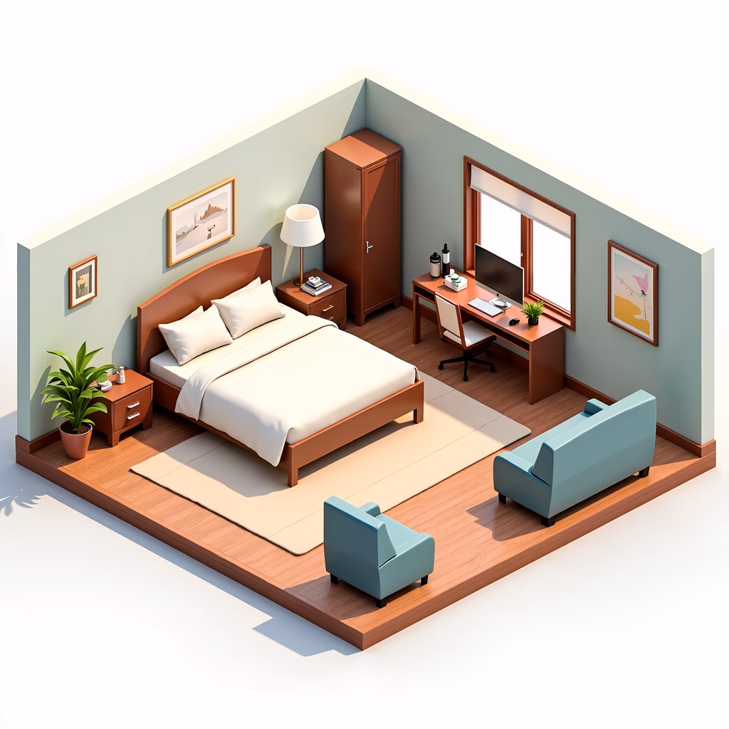 A serene and minimalist bedroom with clean lines and simple furniture.