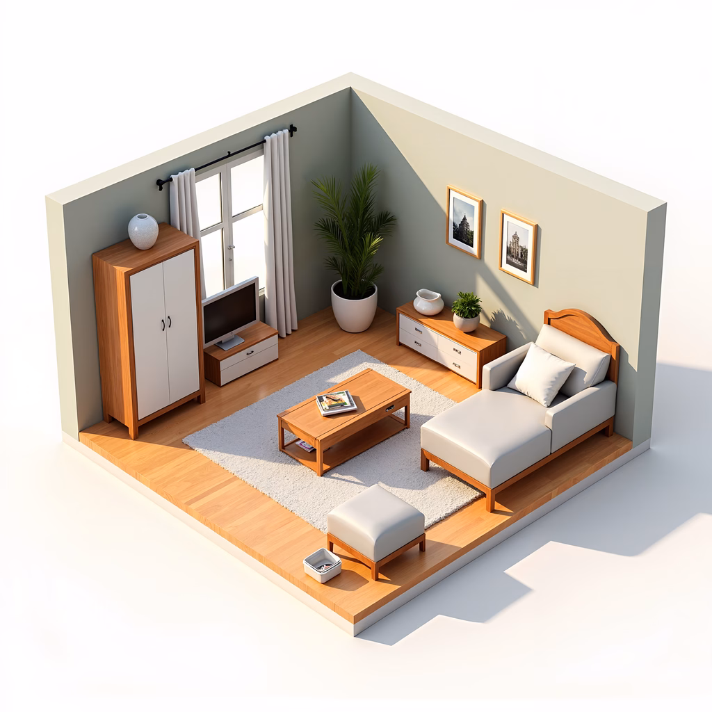 A modern and peaceful minimalist living room with light wood and neutral tones.