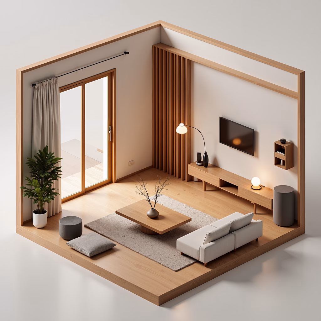 A tranquil minimalist living room with light wood and neutral tones, perfect for relaxation and modern design enthusiasts.