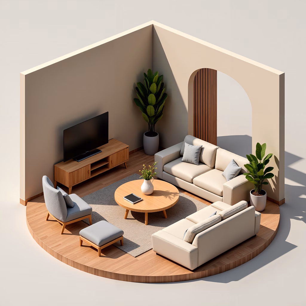 A minimalist living room with neutral colors and modern furniture.